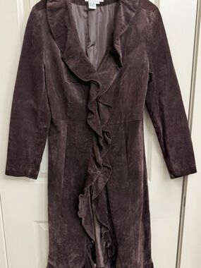 Aria Dark Brown Ruffle Front Suede Trench Coat